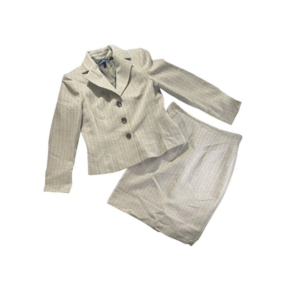 Evan Picone Grey Skirt Suit Set Sz 10 Lined Poly Button Jacket Zip Skirt EUC